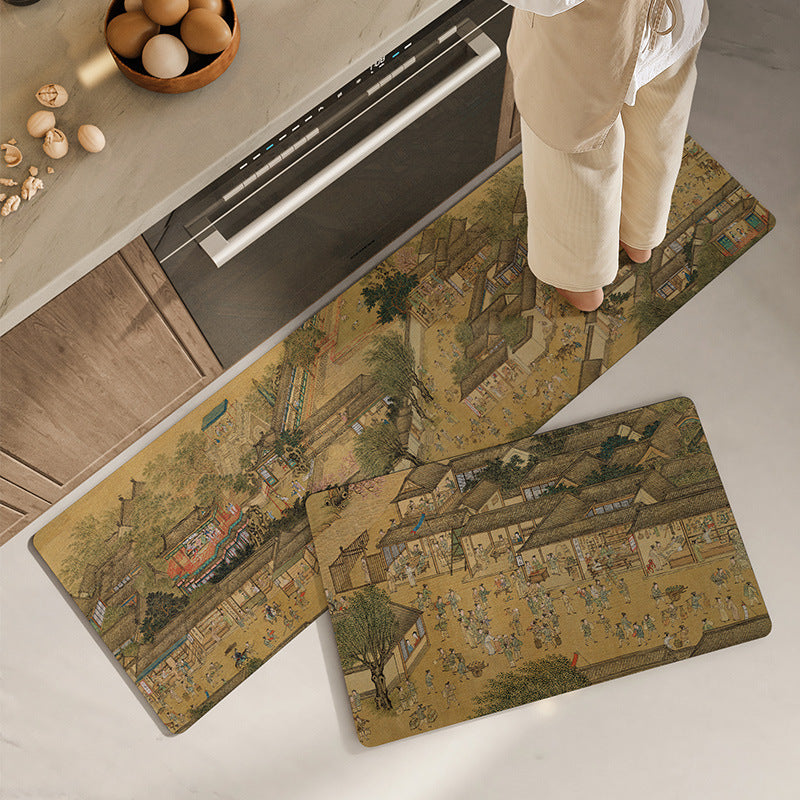 Feblilac Ancient China Bustling Town Painting PVC Leather Kitchen Mat