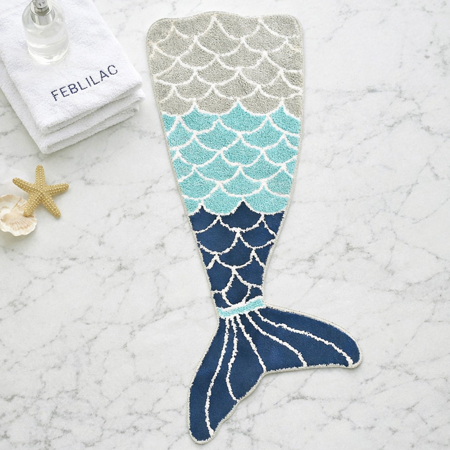 Feblilac Cute Blue Mermaid Tail Bedroom Bathroom Runner Mat