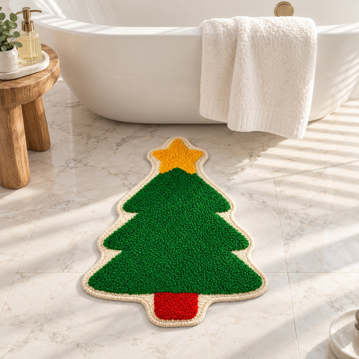 Feblilac Christmas Tree tufted bath mat in a sunny bathroom with a potted plant