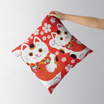 Feblilac Red Background White Sakura Lucky Cat Cushion Covers Throw Pillow Covers