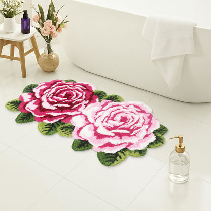 Feblilac Two Flowers tufted bath mat in a sunny bathroom with a potted plant