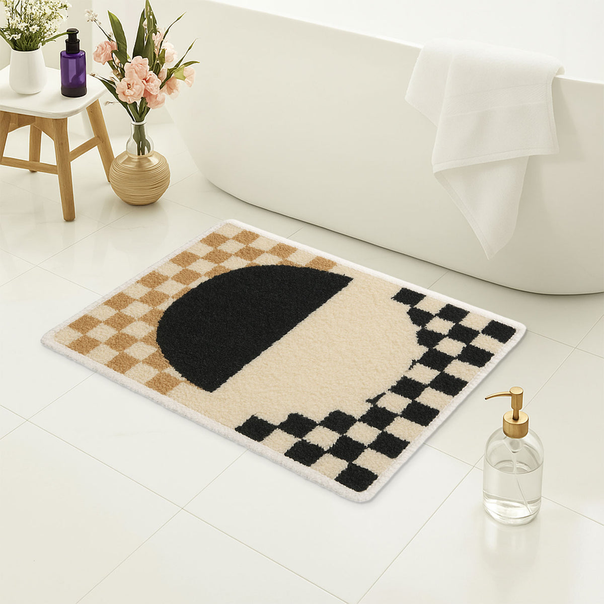Feblilac Yellow and Black Checkerboard tufted bath mat by the sink with slippers and a towel basket