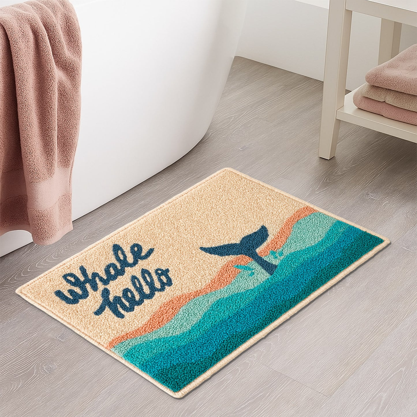 Feblilac Whale Hello Bath Mat – Nautical Ocean Themed Bathroom Rug, Soft & Absorbent, Non-Slip, Machine Washable
