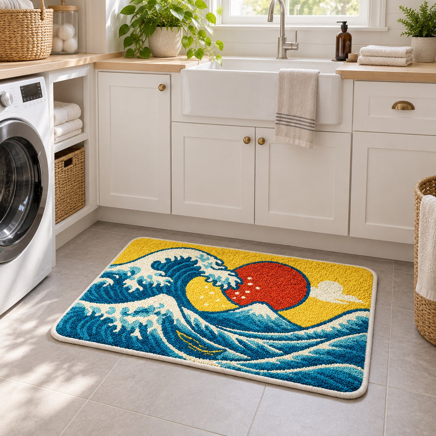 Feblilac Colorful Ukiyo-e Waves tufted bath mat in a sunny bathroom with a potted plant