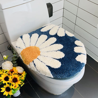 Feblilac Nave Blue Daisy Bath Mat Set, Flower Floral Bathroom Rug Set, Toilet Cover Mat - view 4