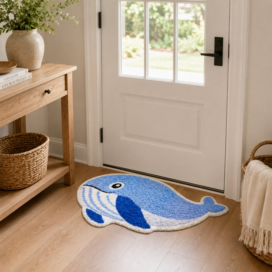 Feblilac Blue Whale Tufted Bath Mat, Ocean Animal Rug, Cute Whale Bathroom Rug - view 4
