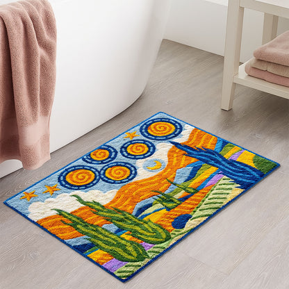 Feblilac Van Gogh Wheatfield Inspired Tufted Bath Mat, Soft Non-Slip Artistic Rug