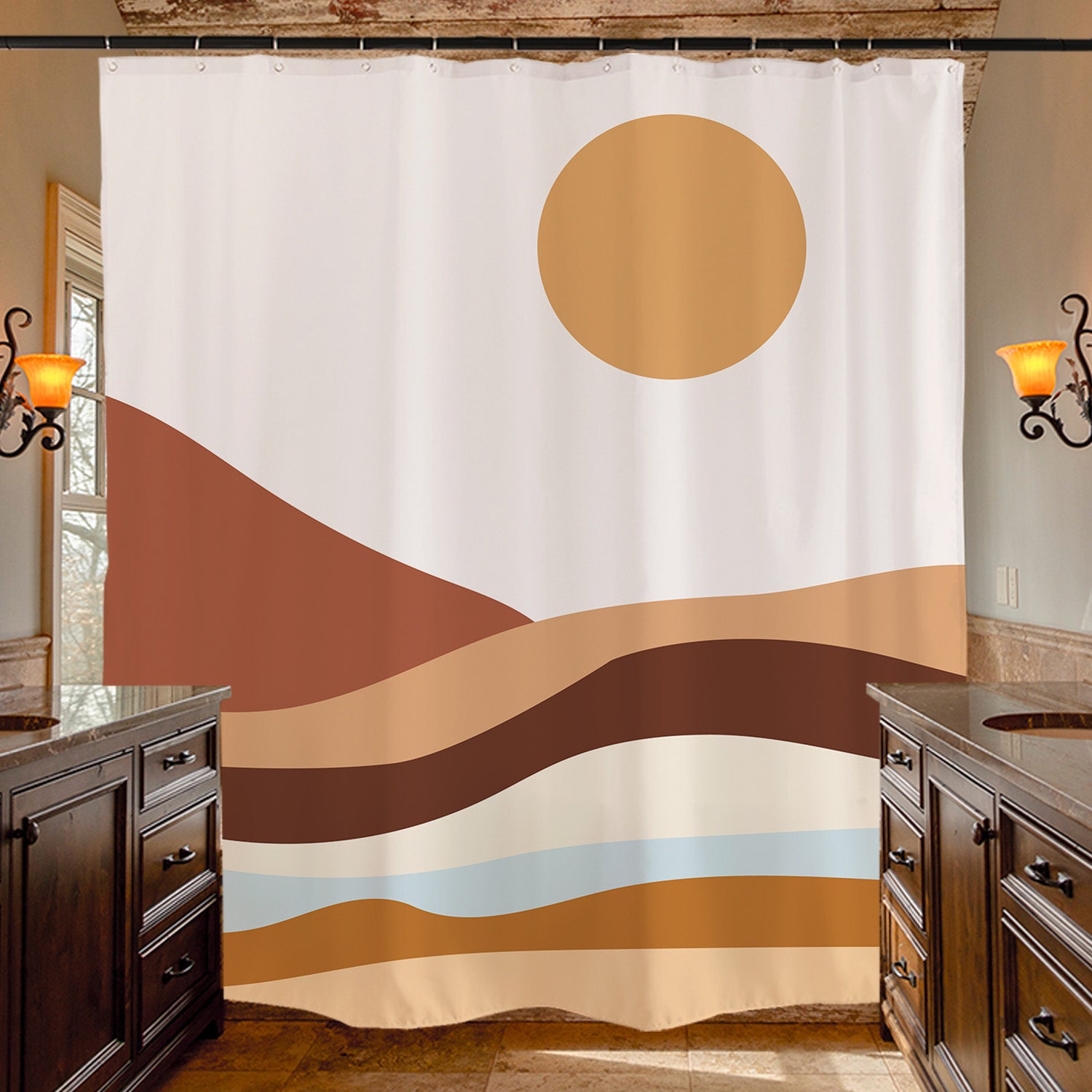 Feblilac Orange Mountains and Rivers Sunrise Shower Curtain with Hooks