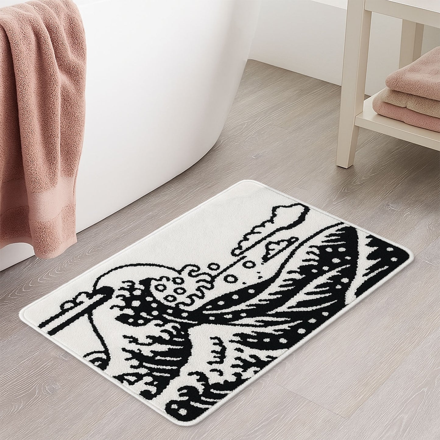 Feblilac Black and White Great Wave Bathroom Rug, Japanese Style Bathmat