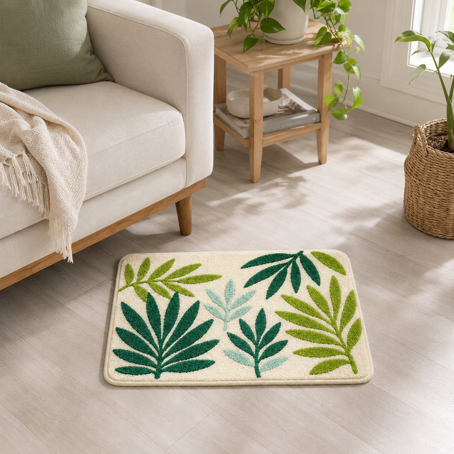 Feblilac Green Leaves Tufted Bath Mat, Soft Botanical Bathroom Rug - view 4