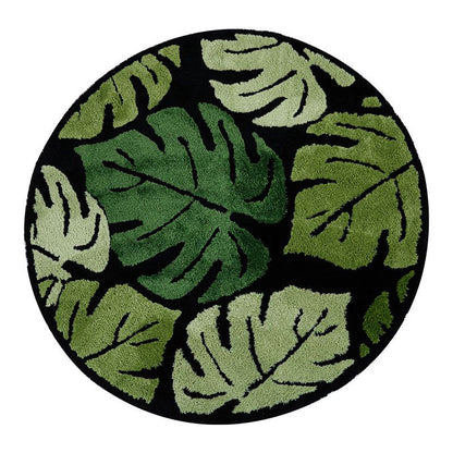 Feblilac Round Tropical Green Leaves Tufted Bath Mat, Monstera Leaf Area Rug