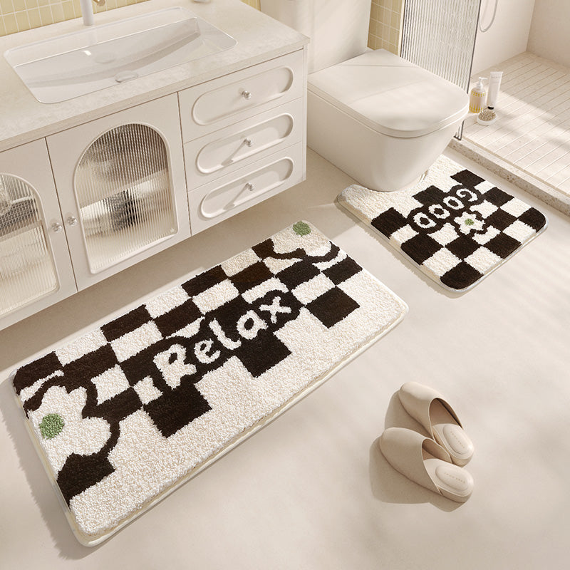 Feblilac Checkerboard and Flower Tufted Bath Mat U-shape Toilet Floor Mat