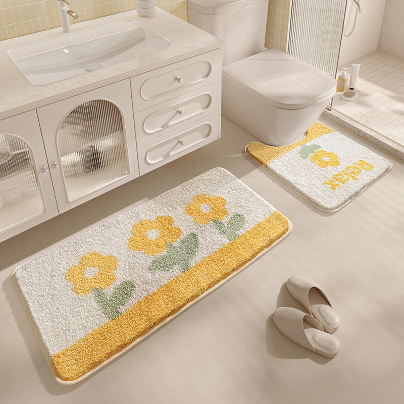 Feblilac Yellow Flowers Tufted Bath Mat U-shape Toilet Floor Mat