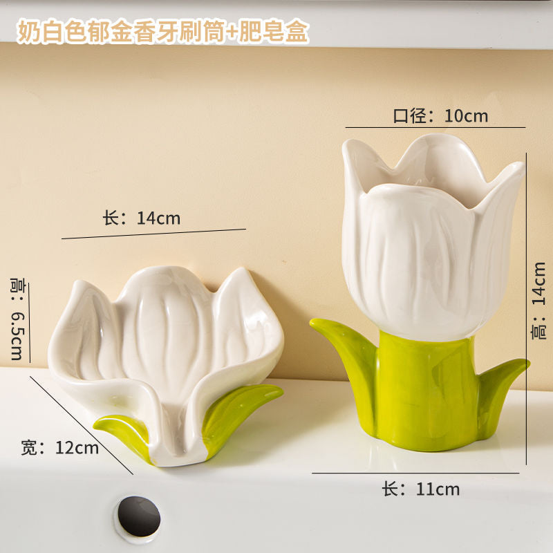 Feblilac Creative Ceramic Soap Box, Flower Toothbrush Holder, Sink Storage Cylinder, Bathroom Soap Box Decorative Ornament