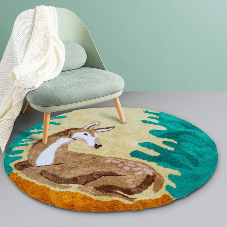 Feblilac Dear Round Area Rug, Cute Animal Mat for Bedroom Bathroom