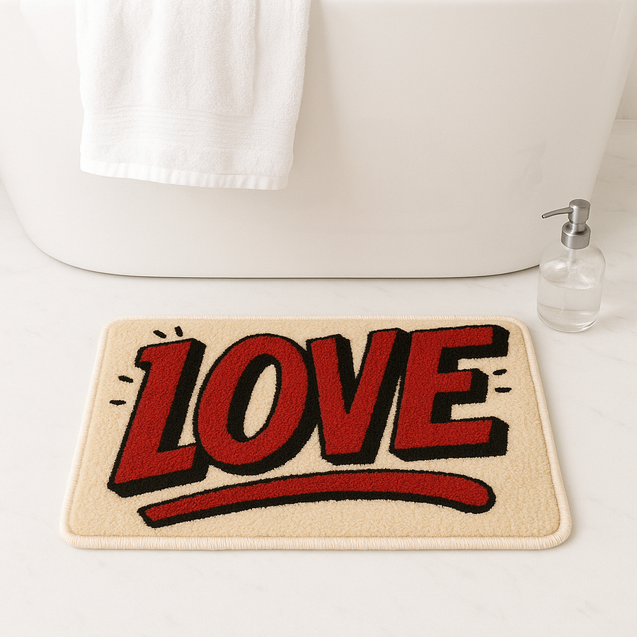 Feblilac LOVE Typography Tufted Bath Mat – Bold Red Comic Style Rug