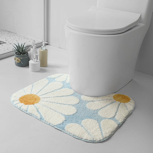 Feblilac Blue Daisy Contour Rug for Toilet, U-Shaped Tufted Bath Mat