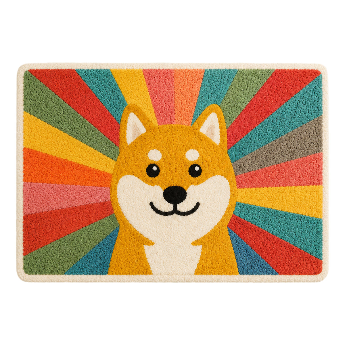Feblilac Rainbow Shiba Inu tufted bath mat by the sink with slippers and a towel basket
