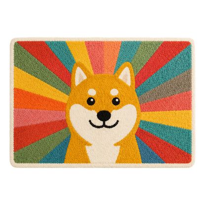 Feblilac Rainbow Shiba Inu tufted bath mat by the sink with slippers and a towel basket