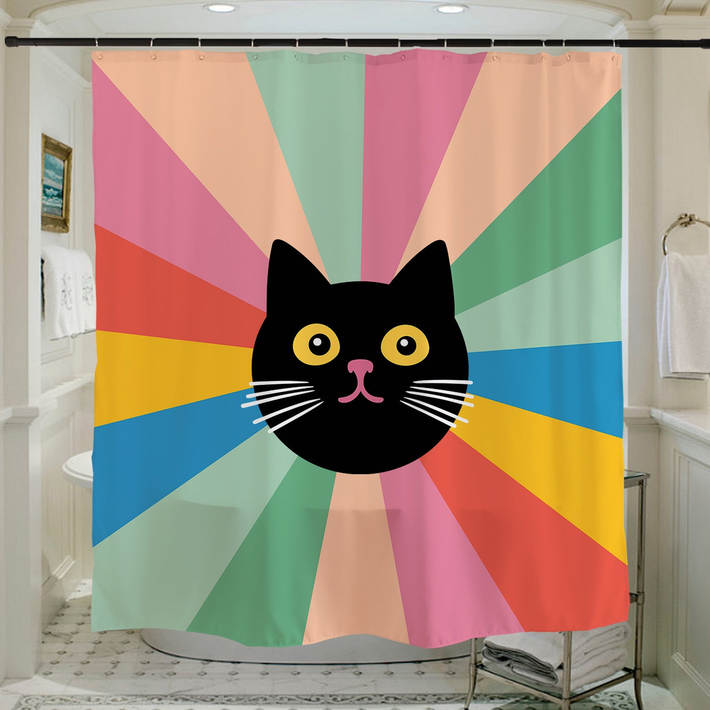 Feblilac Black Cat Colorful Stripes Background Shower Curtain with Hooks