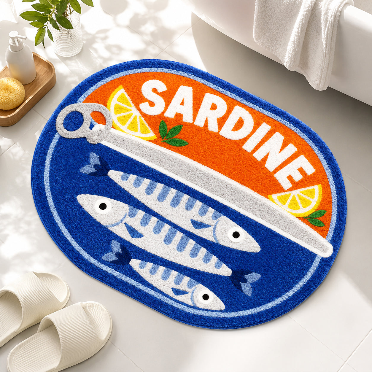 Feblilac Sardine Tin Tufted Bath Mat, Funny Fish Rug