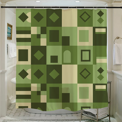 Feblilac Green Geometric Grid Shower Curtain with Hooks