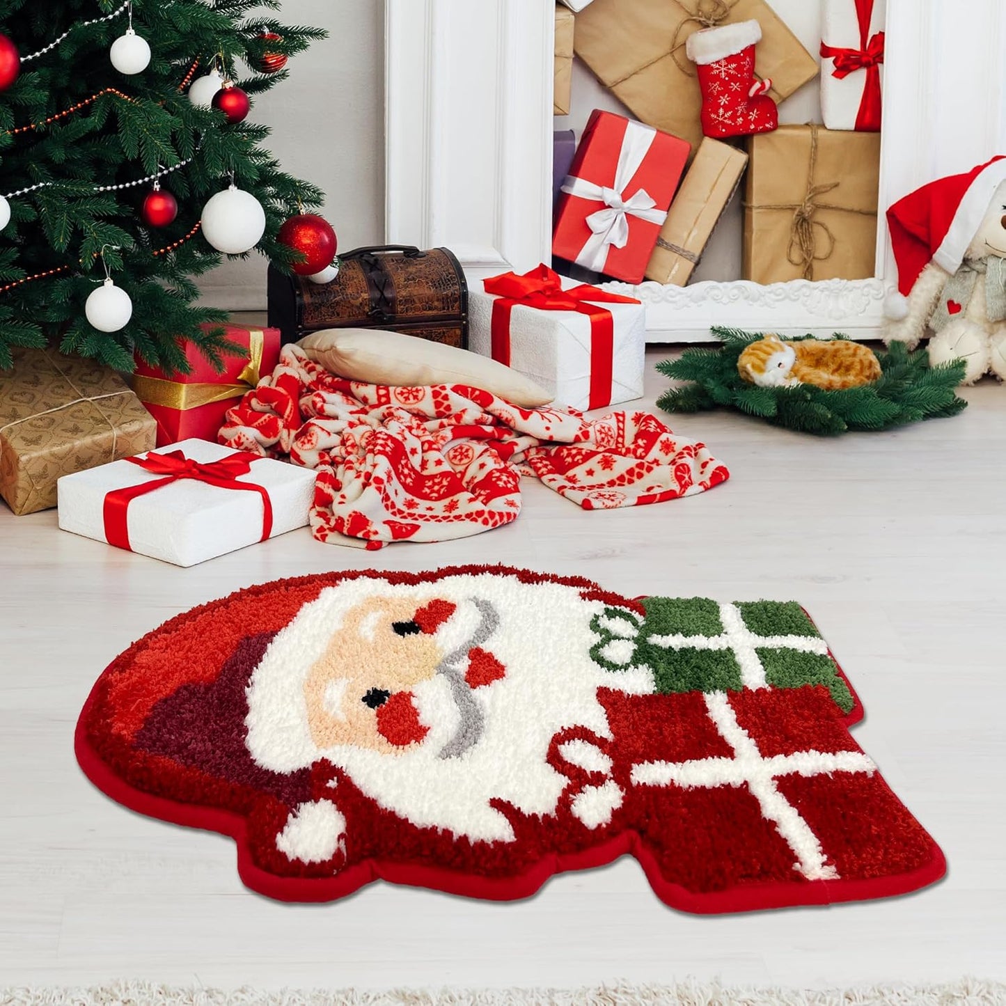 Feblilac Santa Claus Tufted Bath Mat Christmas Non-slip Bathroom Rug