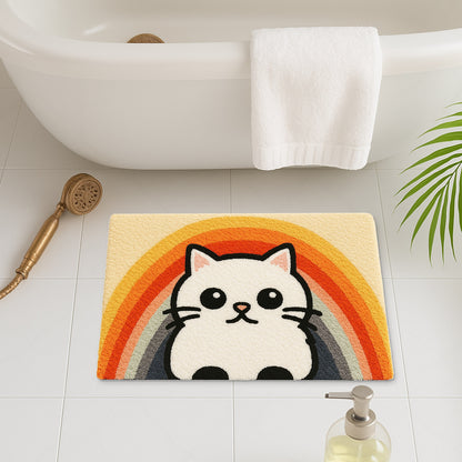 Feblilac Semicircular Rainbow Cat Tufted Bath Mat