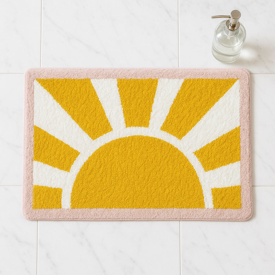Feblilac Sunrise Tufted Bath Mat – Bright Yellow Sun Design, Soft & Uplifting Bathroom Rug