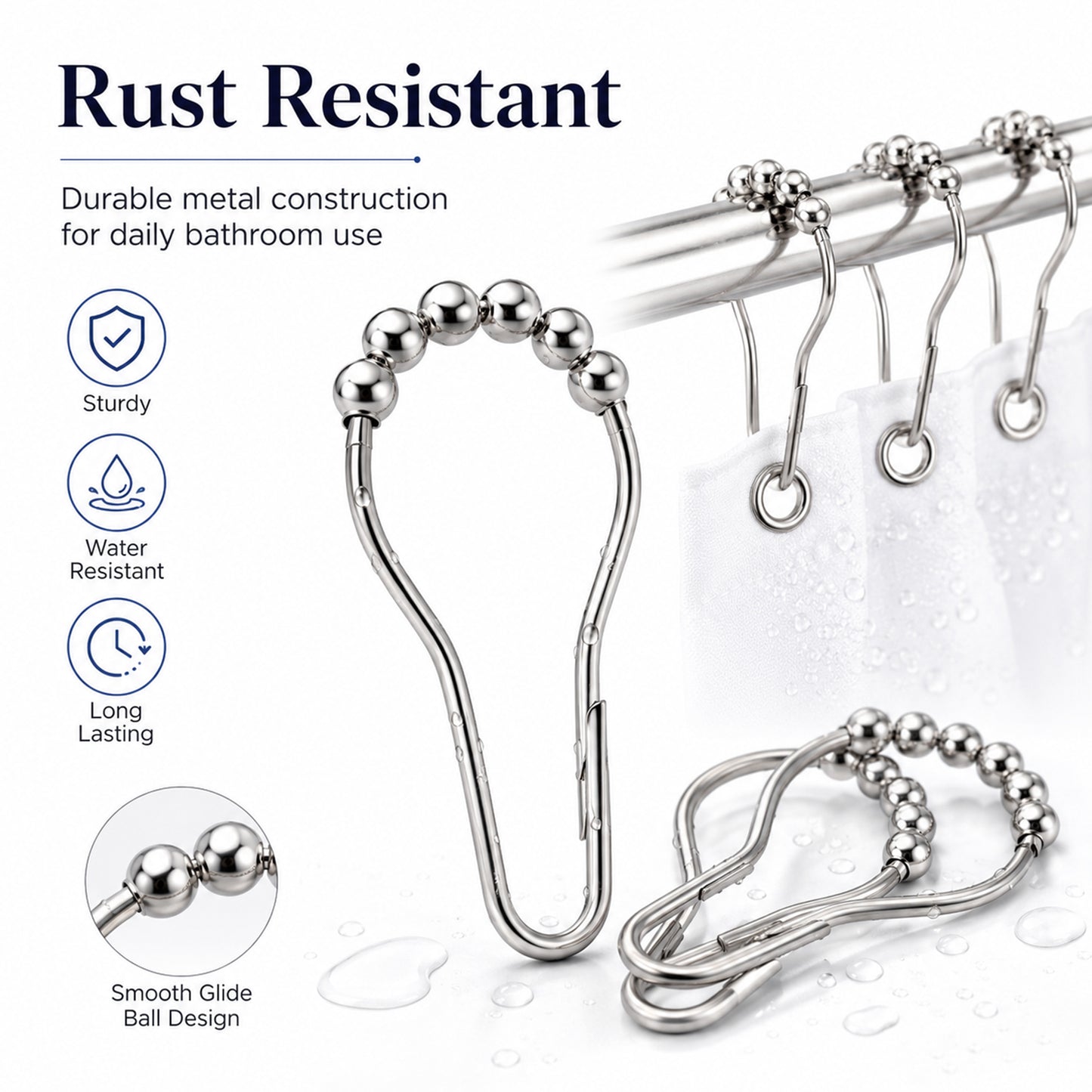 Feblilac Shower Curtain Metal Hooks, Rust-Resistant Rolling Ball Shower Curtain Rings, Set of 12