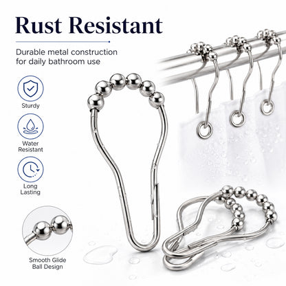 Feblilac Shower Curtain Metal Hooks, Rust-Resistant Rolling Ball Shower Curtain Rings, Set of 12