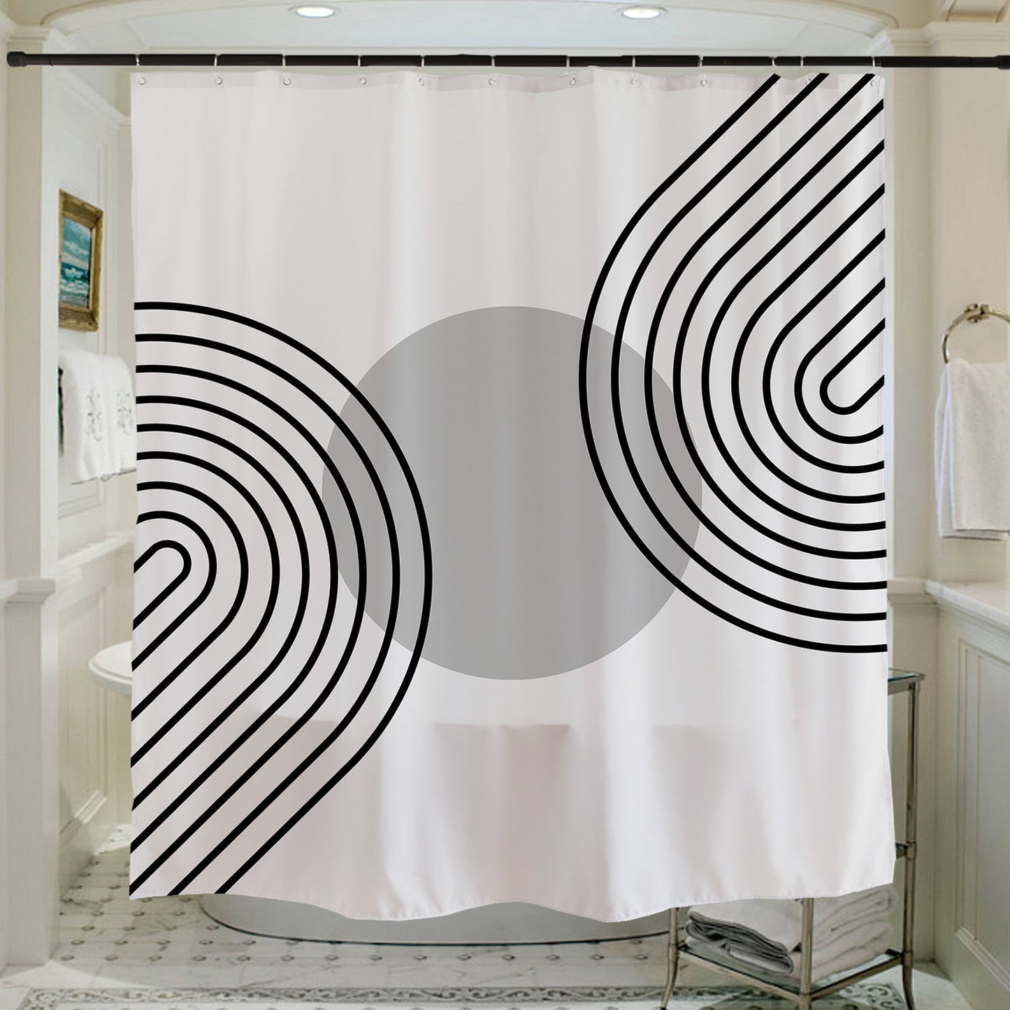 Feblilac Black and White Line Shower Curtain with Hooks