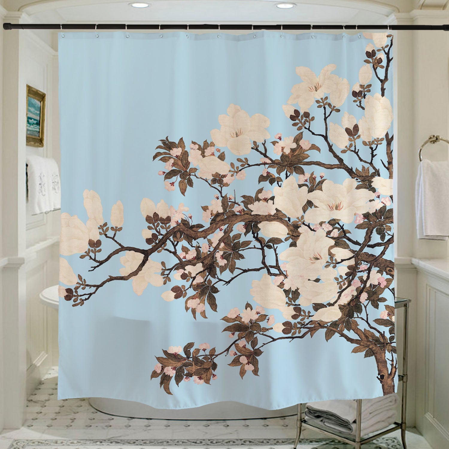 Feblilac Blue Background White Flowers Tree Shower Curtain with Hooks