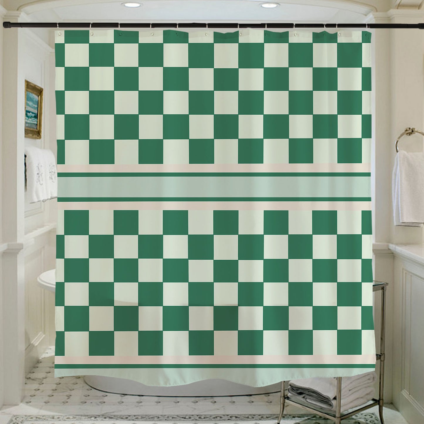 Feblilac Green Checkerboard Pattern Shower Curtain with Hooks