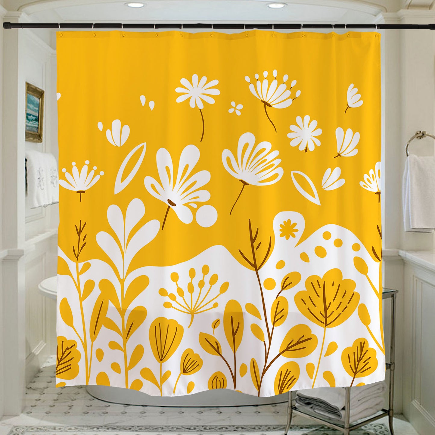 Feblilac Yellow Dandelion Curved Branches Shower Curtain with Hooks