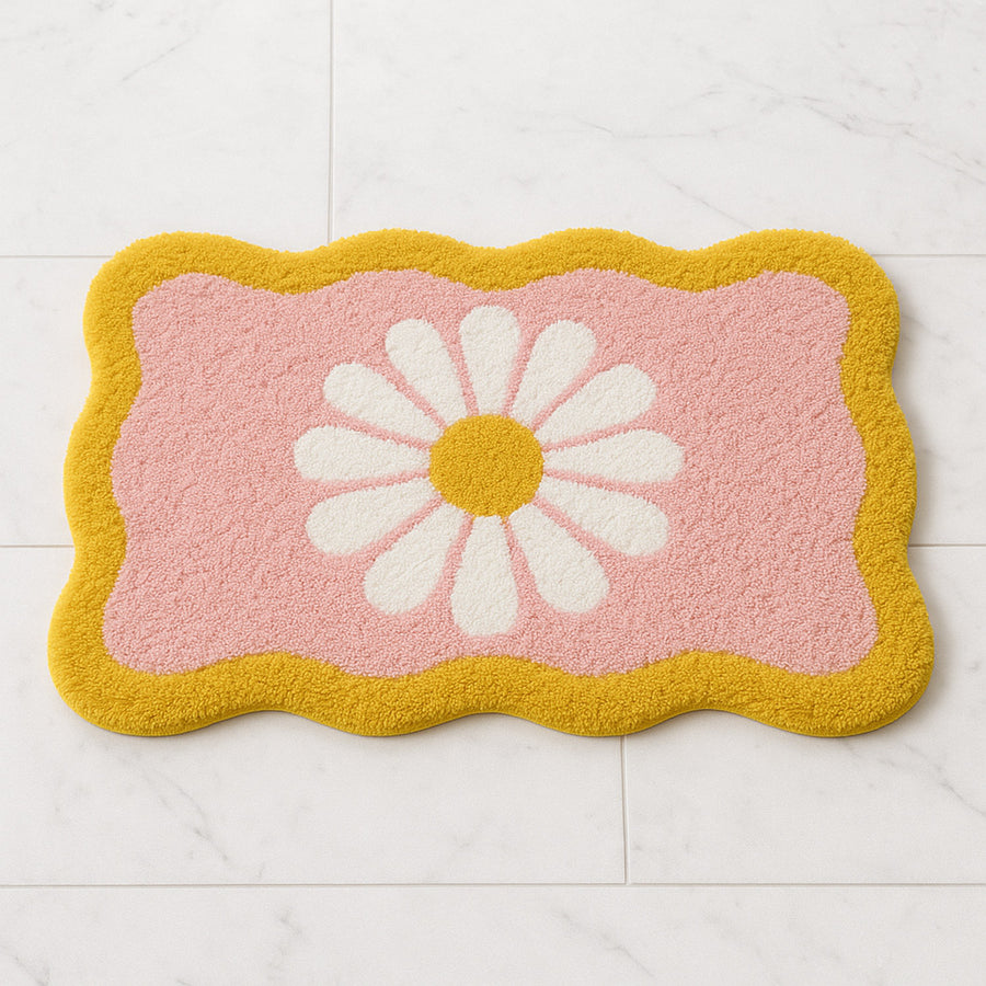 Feblilac Wavy Daisy Tufted Bath Mat – Pink & Yellow Floral Design, Cute & Soft Bathroom Rug