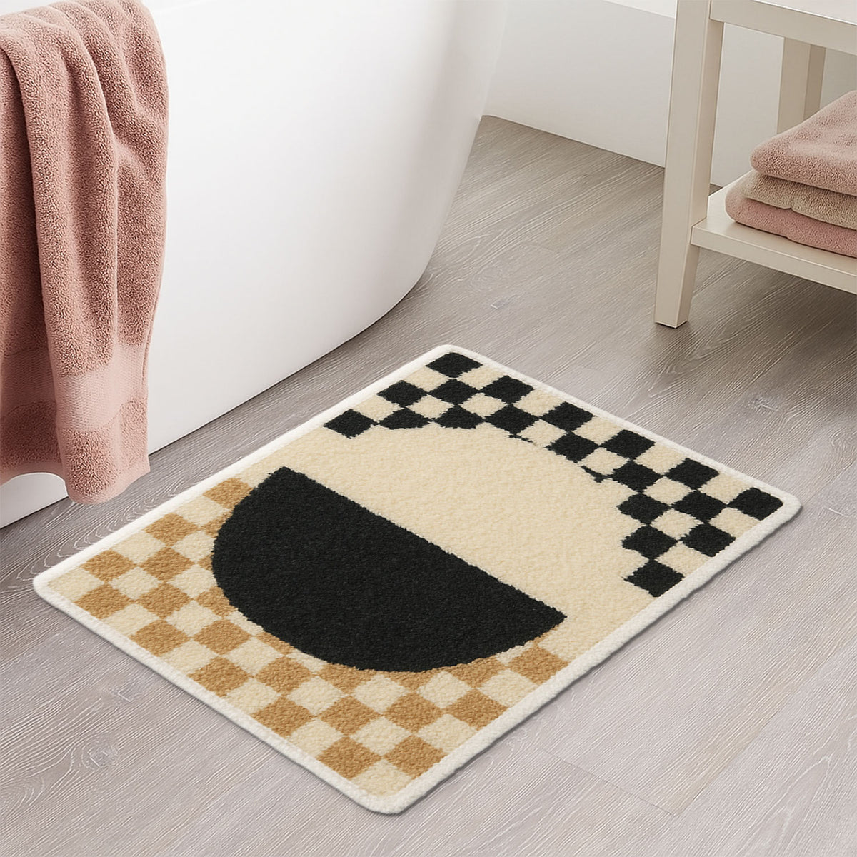 Feblilac Yellow and Black Checkerboard tufted bath mat in a minimal bathroom with marble tile