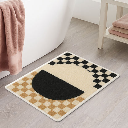 Feblilac Yellow and Black Checkerboard tufted bath mat in a minimal bathroom with marble tile