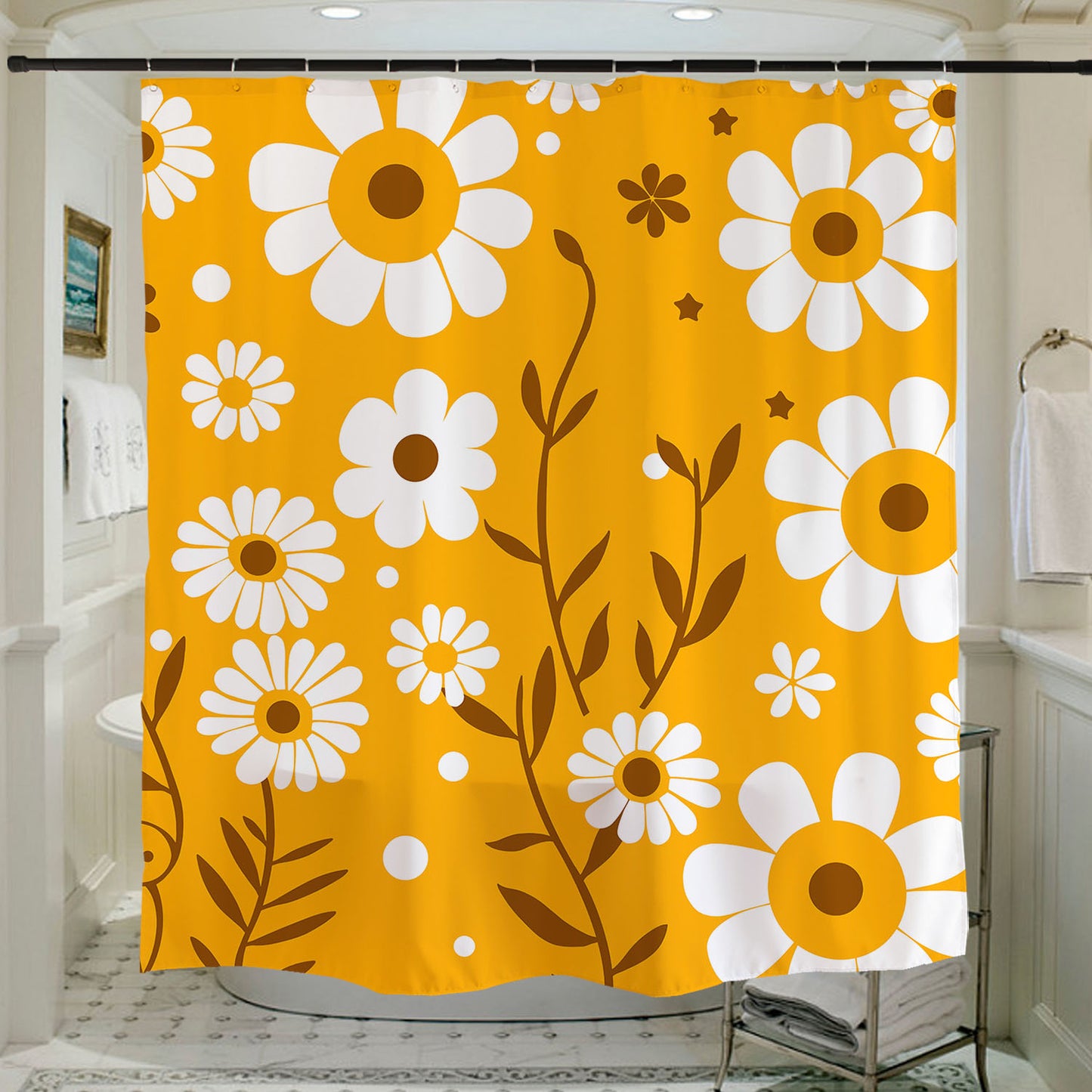 Feblilac Yellow Background White Flower Daisy Shower Curtain with Hooks