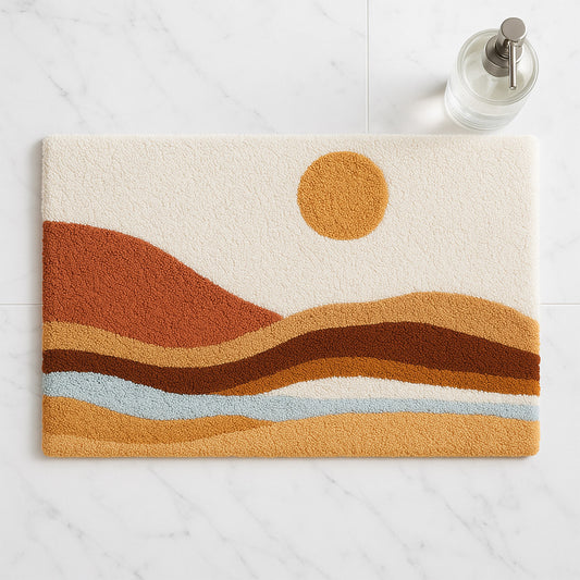 Feblilac Sunset Landscape Tufted Bath Mat – Earth Tone Hills & Sun Design, Soft & Artistic Bathroom Rug