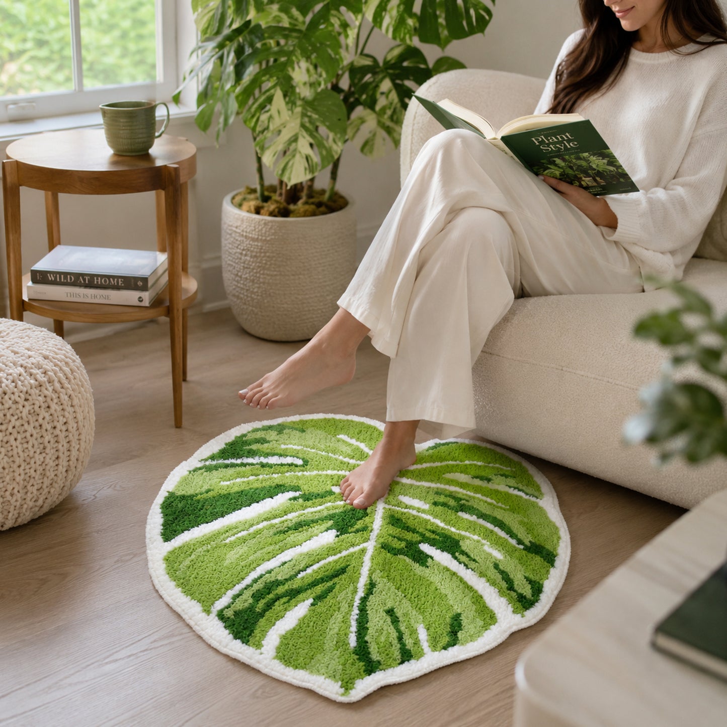 Feblilac Monstera Leaf Tufted Bath Mat – Green Botanical Rug