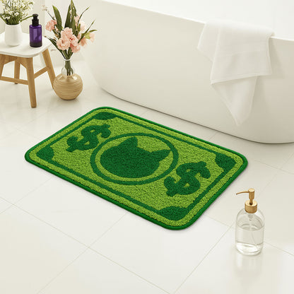 Feblilac Green Cat and Dollar tufted bath mat by the sink with slippers and a towel basket