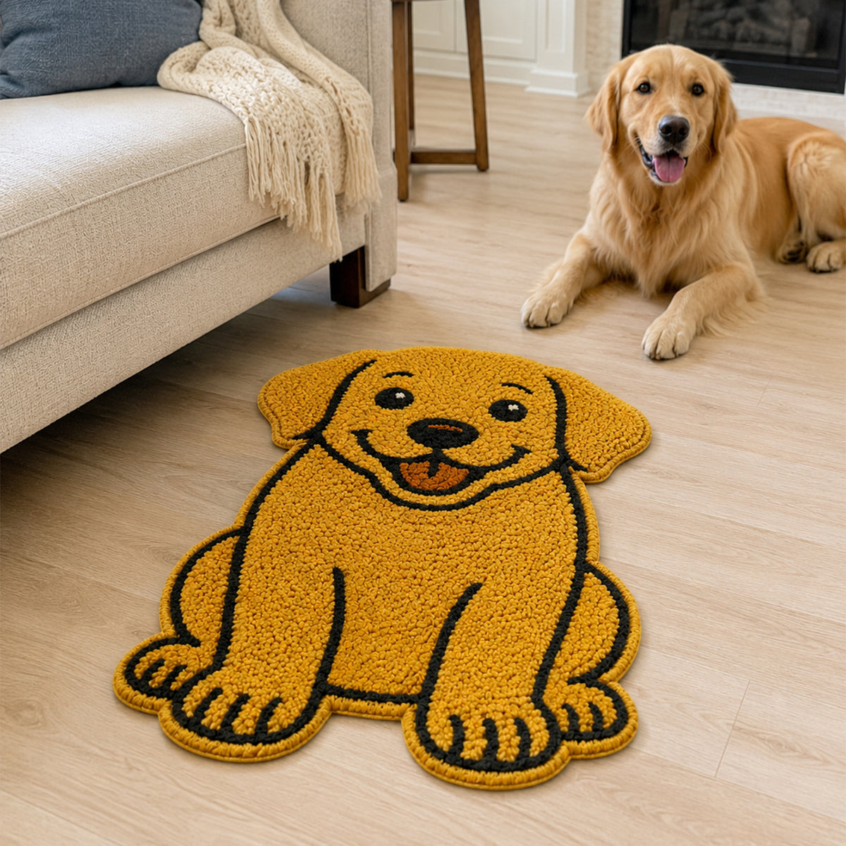 Feblilac Labrador Dog tufted bath mat by the sink with slippers and a towel basket