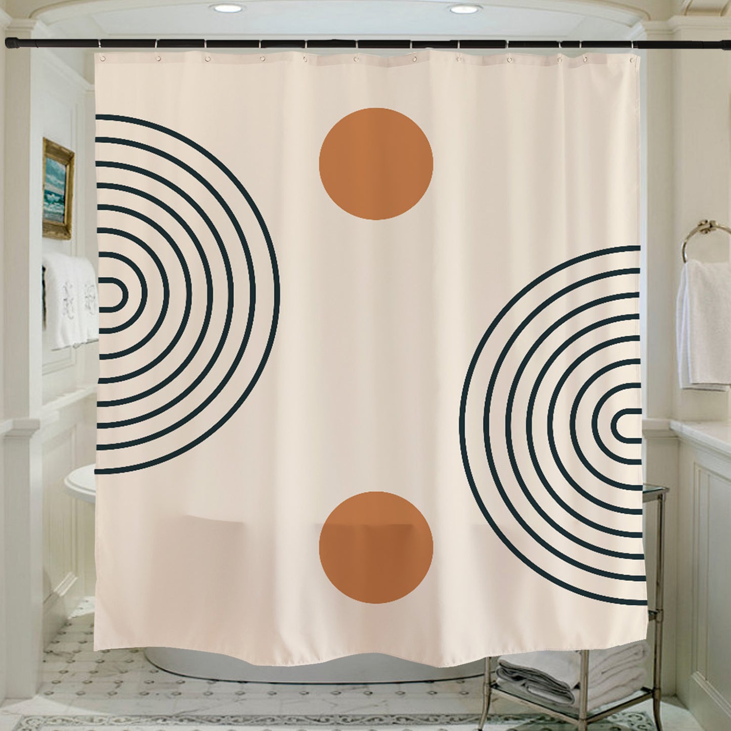 Feblilac Beige Background Semicircle Lines Shower Curtain with Hooks