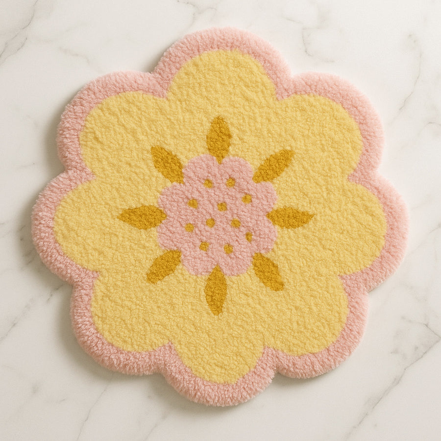 Feblilac Yellow Flower Tufted Bath Mat – Cute Floral Shape, Soft & Cozy Bathroom Rug