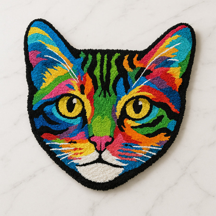 Feblilac Colorful Cat Tufted Bath Mat – Vibrant Feline Face Design, Bold & Artistic Bathroom Rug