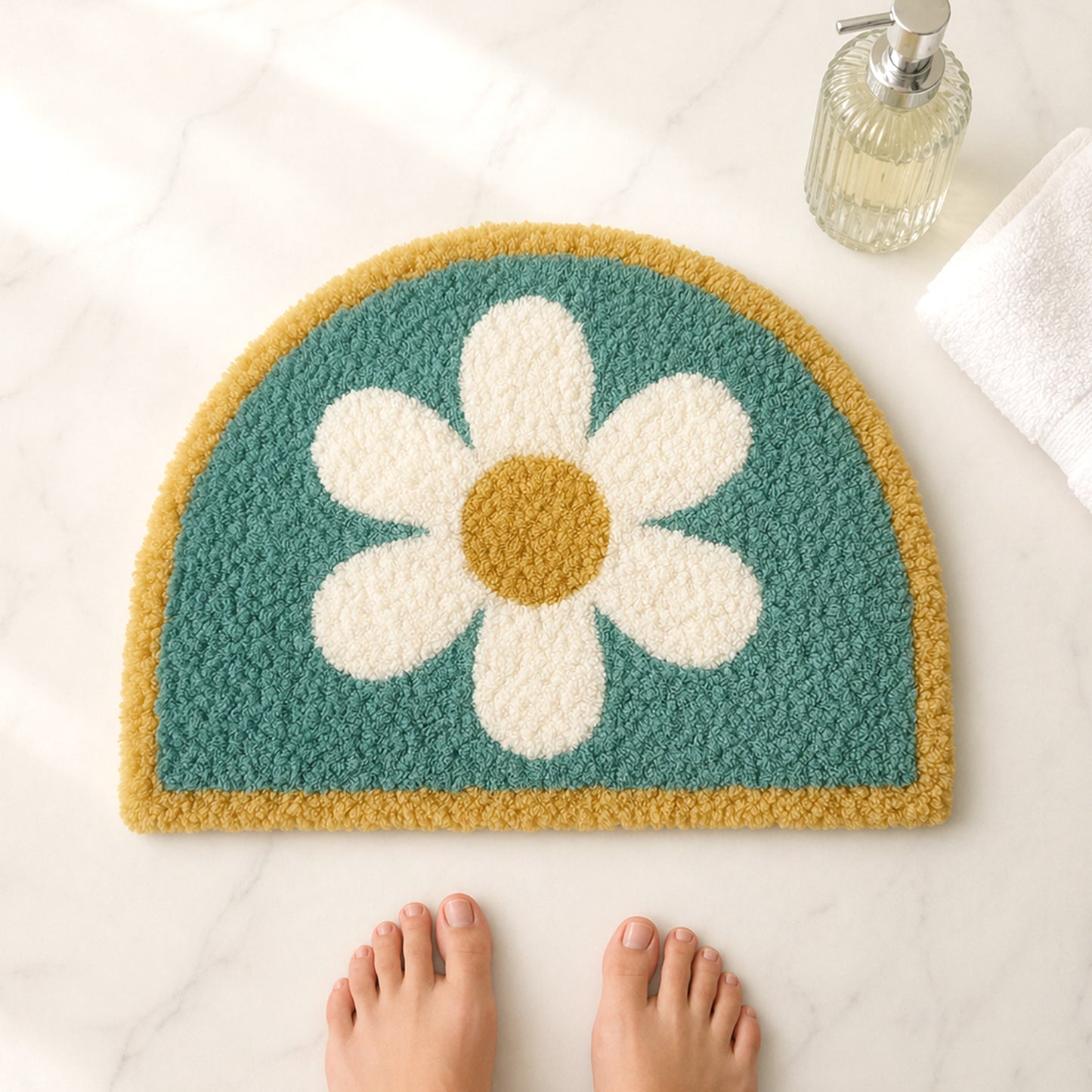 Feblilac Half-Round Daisy Tufted Bath Mat – Soft Absorbent Floral Bathroom Rug
