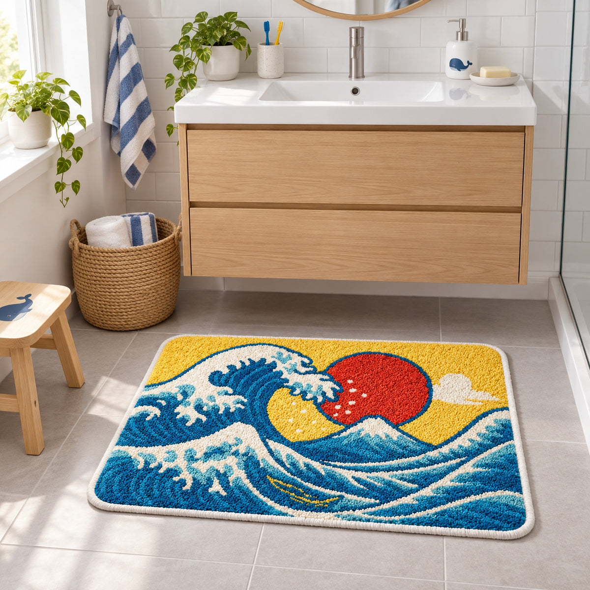 Feblilac Colorful Ukiyo-e Waves tufted bath mat by the sink with slippers and a towel basket