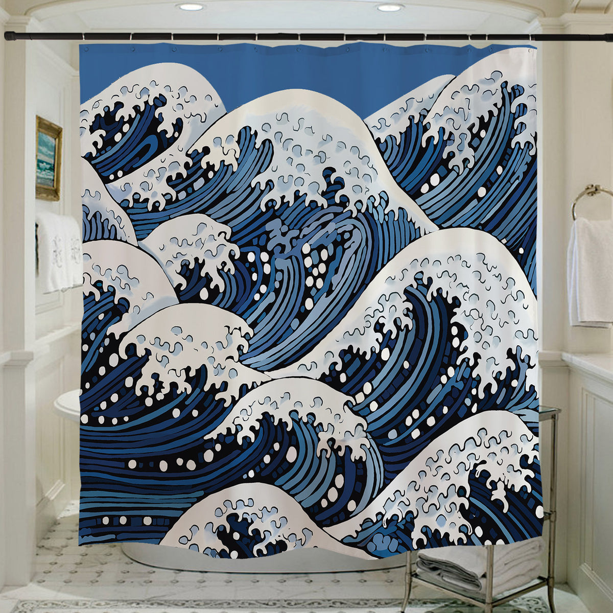 Feblilac Ukiyo-e Wave shower curtain beside a vanity and plant