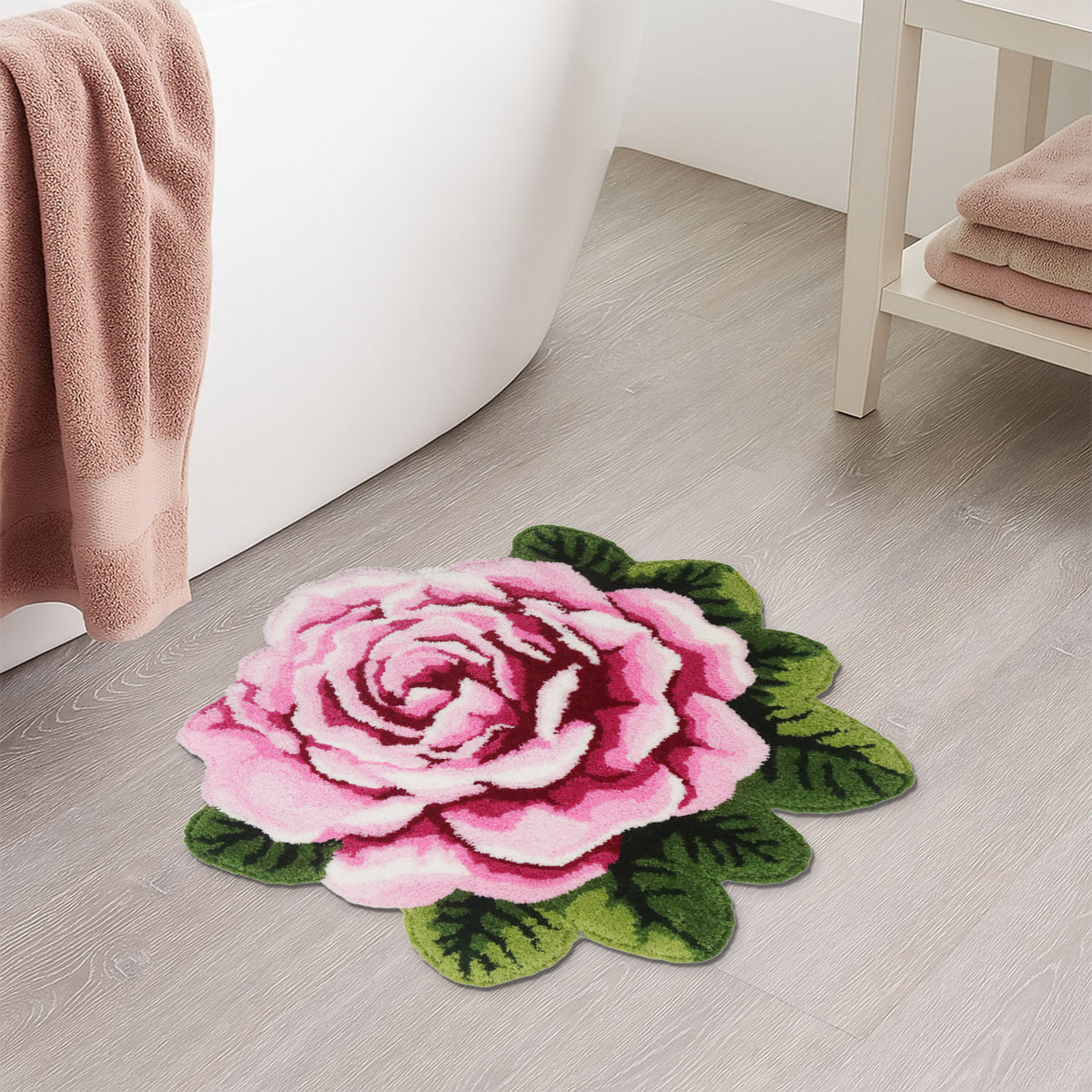Feblilac Single Flower tufted bath mat by the sink with slippers and a towel basket